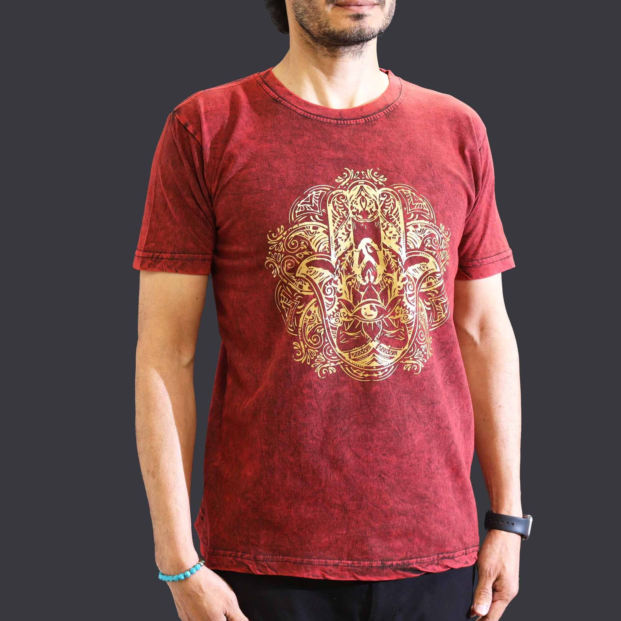 Medium Stone Washed Teashirt - Hamsa - Maroon