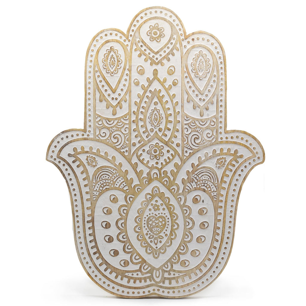 Mango-Holz Hamsa Wandtafel – gekalkt 52 cm