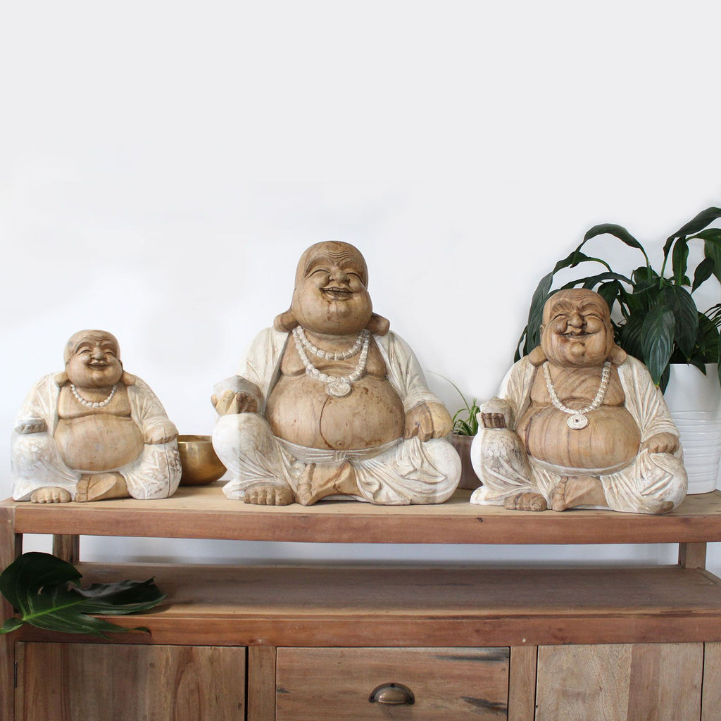 Hand Carved Buddha Statue - 40cm Happy - Whitewash