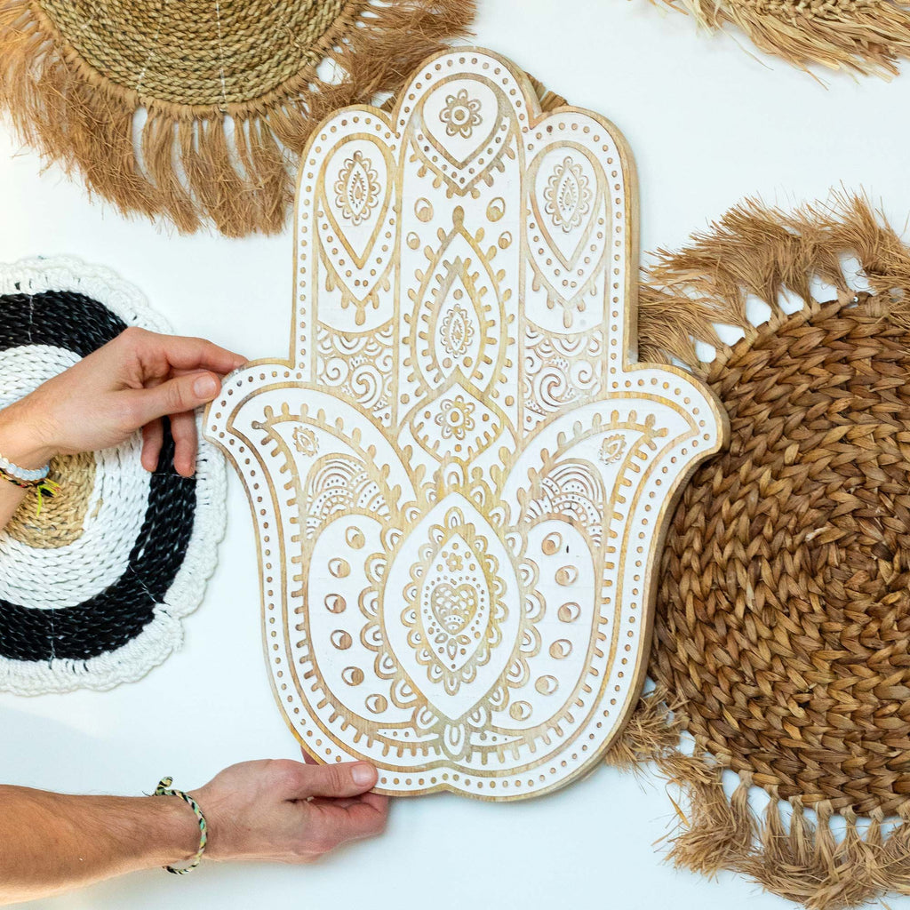 Mango-Holz Hamsa Wandtafel – gekalkt 52 cm