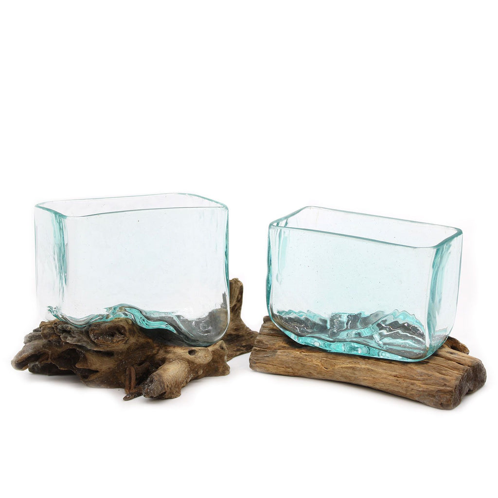 1x Molten Glass Tank on Wood with Stand - Large Bowl