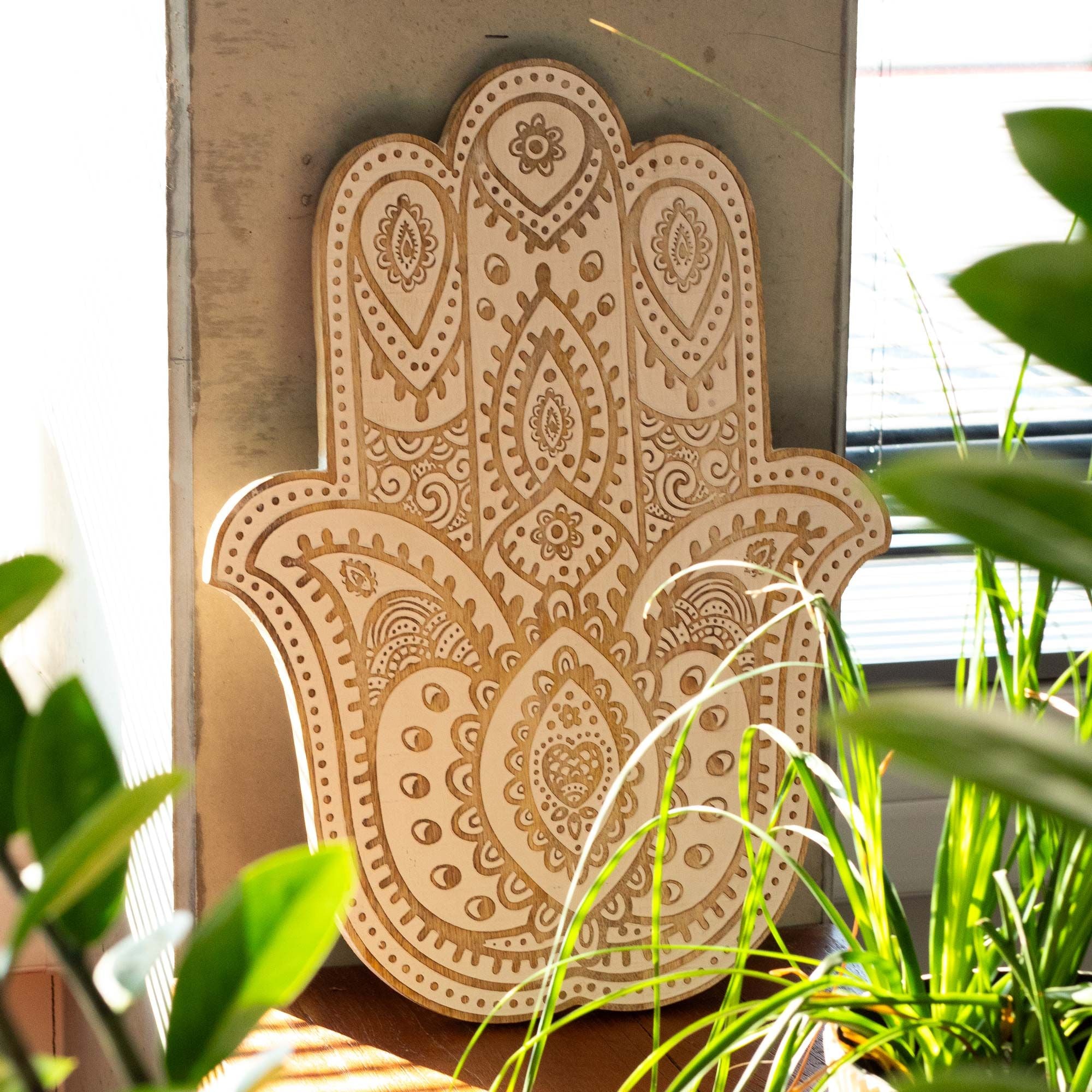 Mango-Holz Hamsa Wandtafel – gekalkt 52 cm