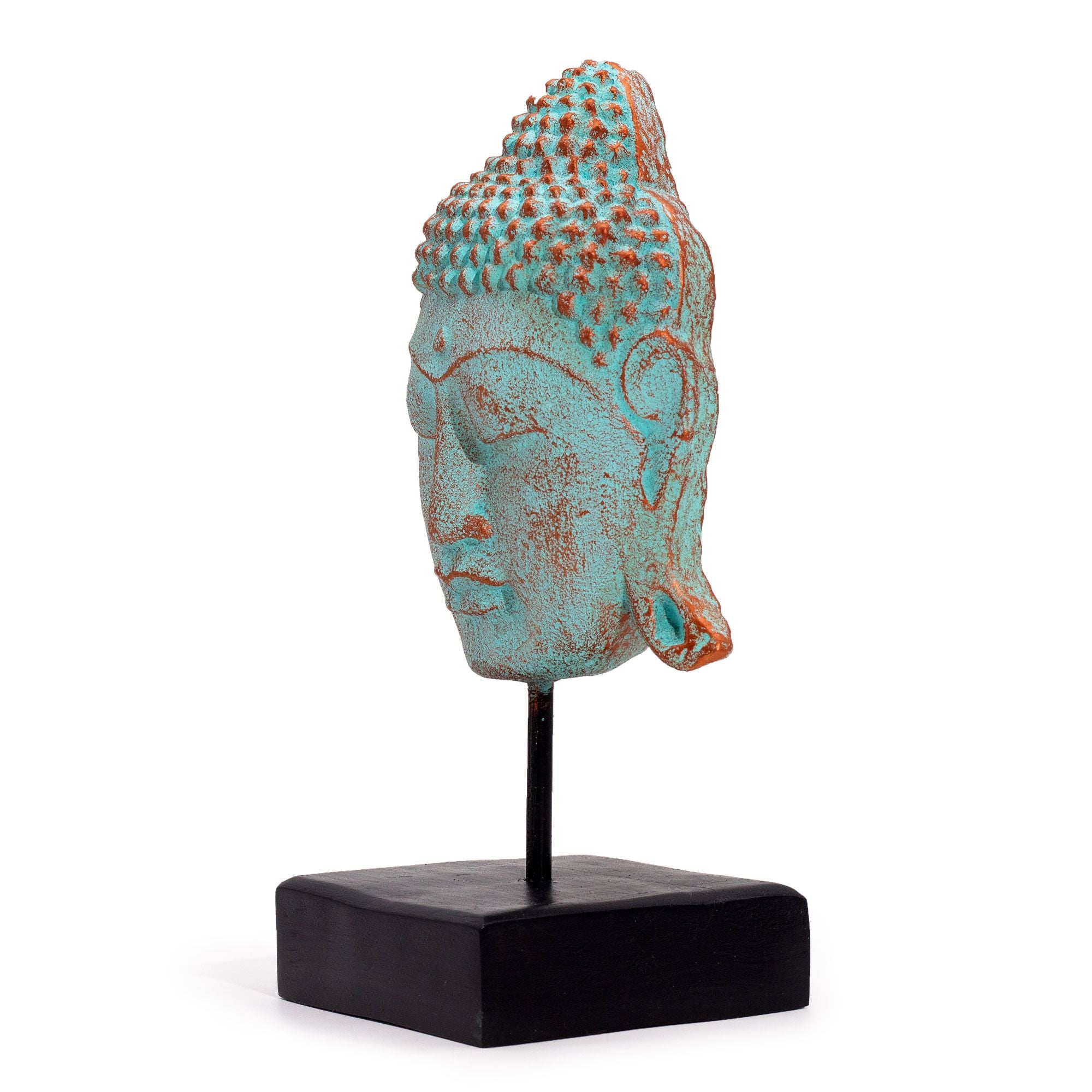 Large Serenity Buddha Head on Stand  - Green Copper