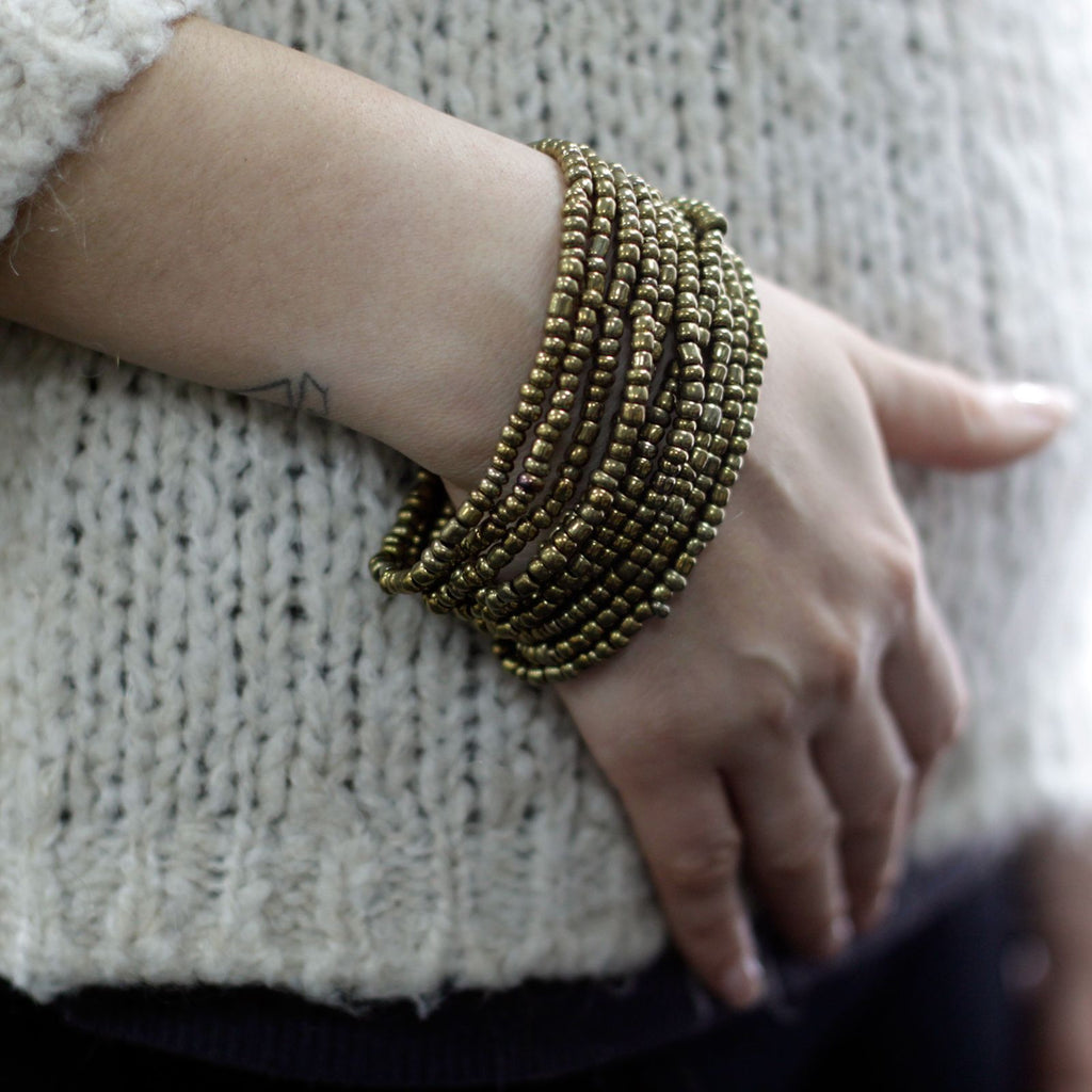 Multi-Bead Bangle Wooden Clasp - Asst Gold/Bronze