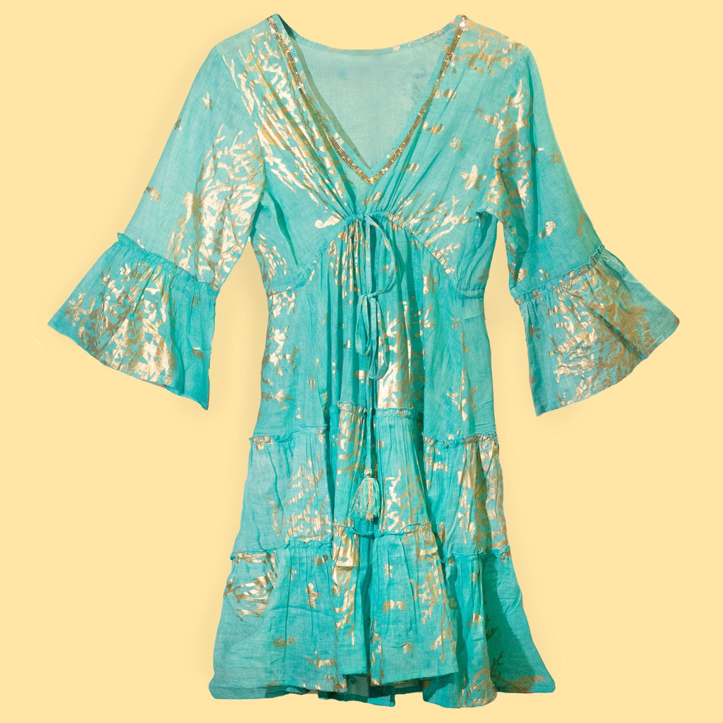 (LXL) Nomad Sari On the Med Collection - Dress - Turquoise & Gold Coral Design