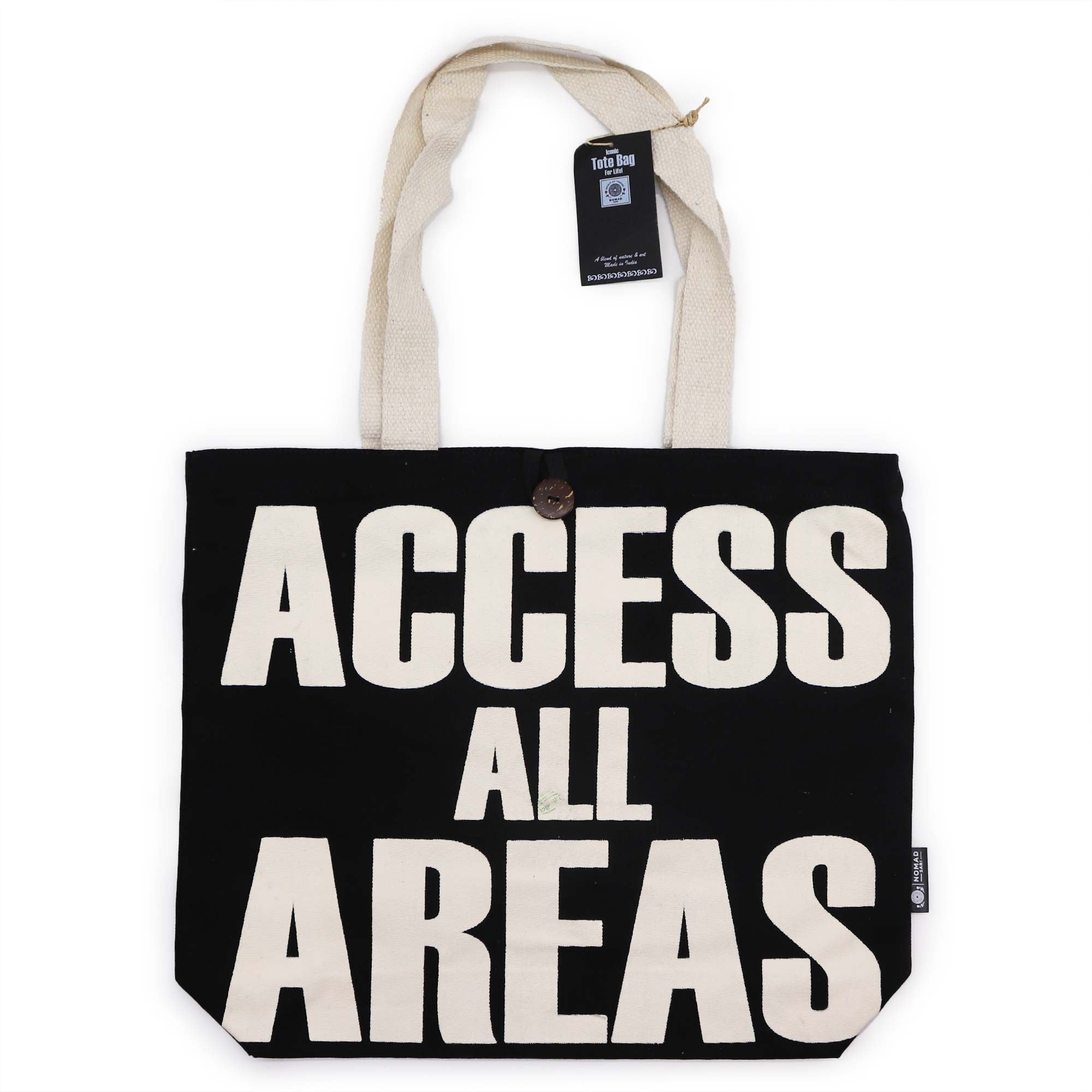 Nomad Sari Iconic Classic Tote Bag - ACCESS ALL AREAS - Black Natural 10oz