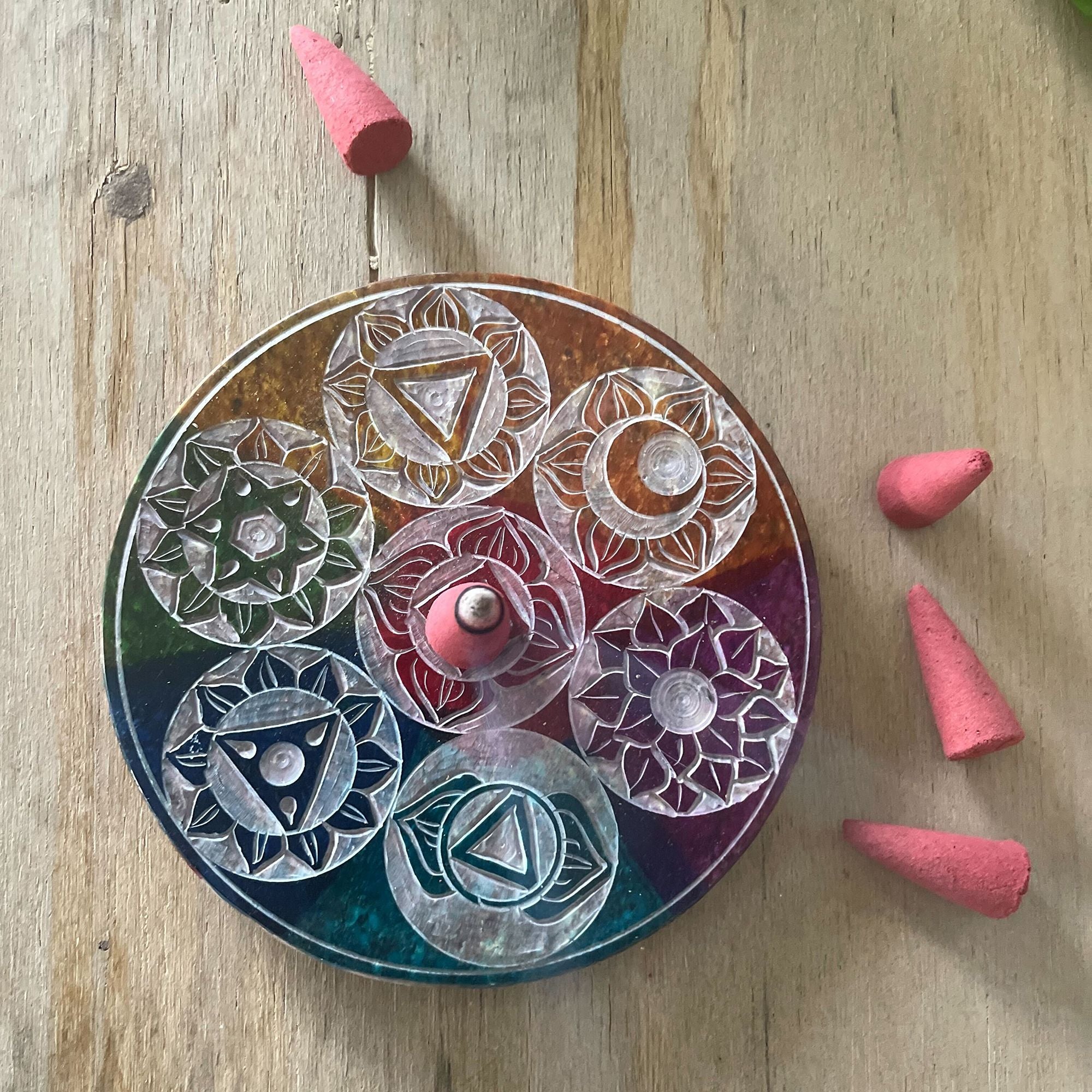 Soapstone Disc Incense Holder 10cm - Seven Chakra