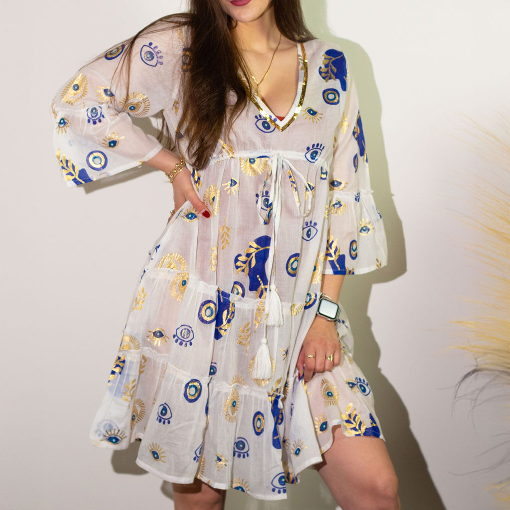 (LXL) Nomad Sari On the Med Collection - Dress -  White , Blue & Gold Evil Eye Design