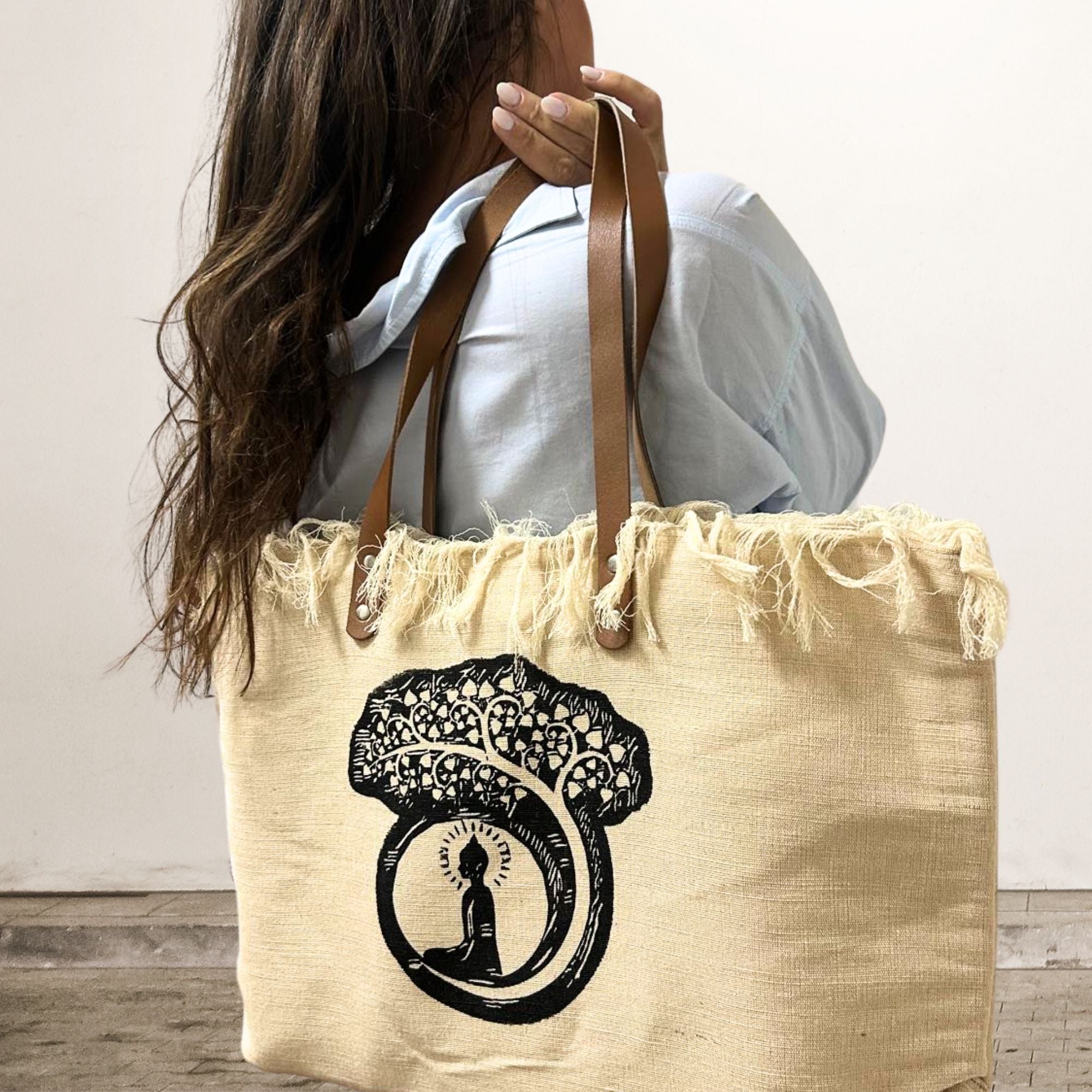 Natural Tote Bag Ledergriff - Buddha
