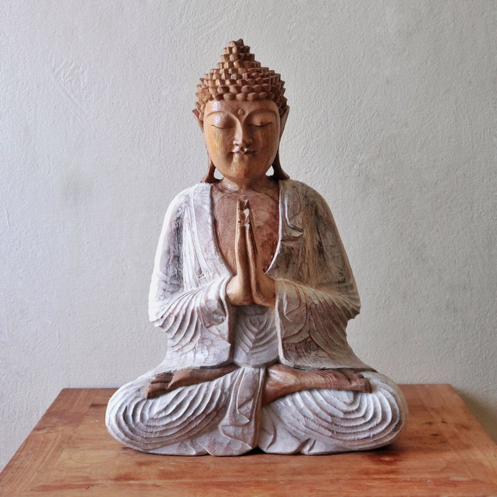 Hand Carved Buddha Statue - 30cm Welcome - Whitewash