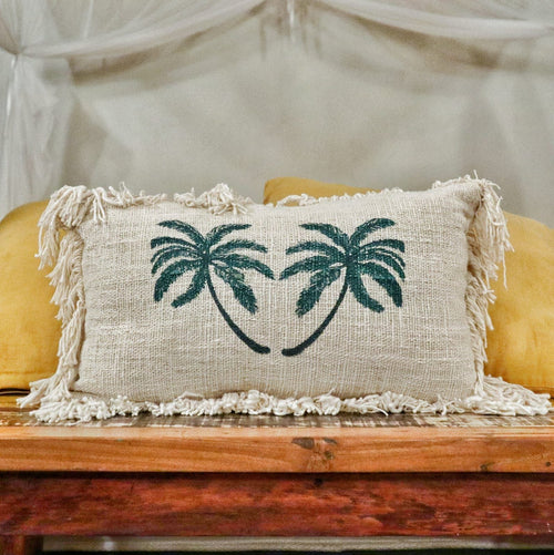 1x Leinenkissen 30x50cm Palm Tree mit Fransen