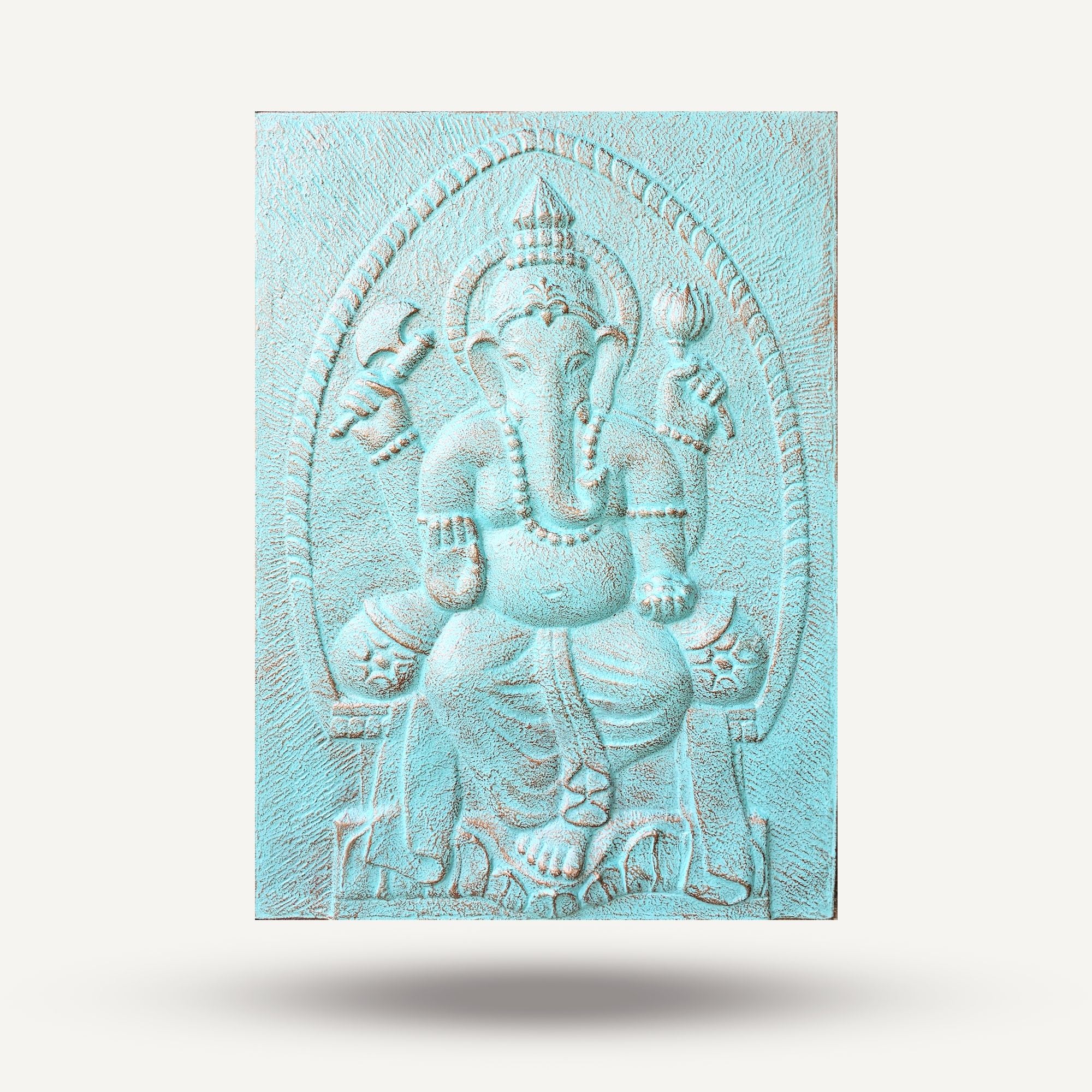 Großer Ganpati Eisenrahmen Türkis Relief - 0,7x1m
