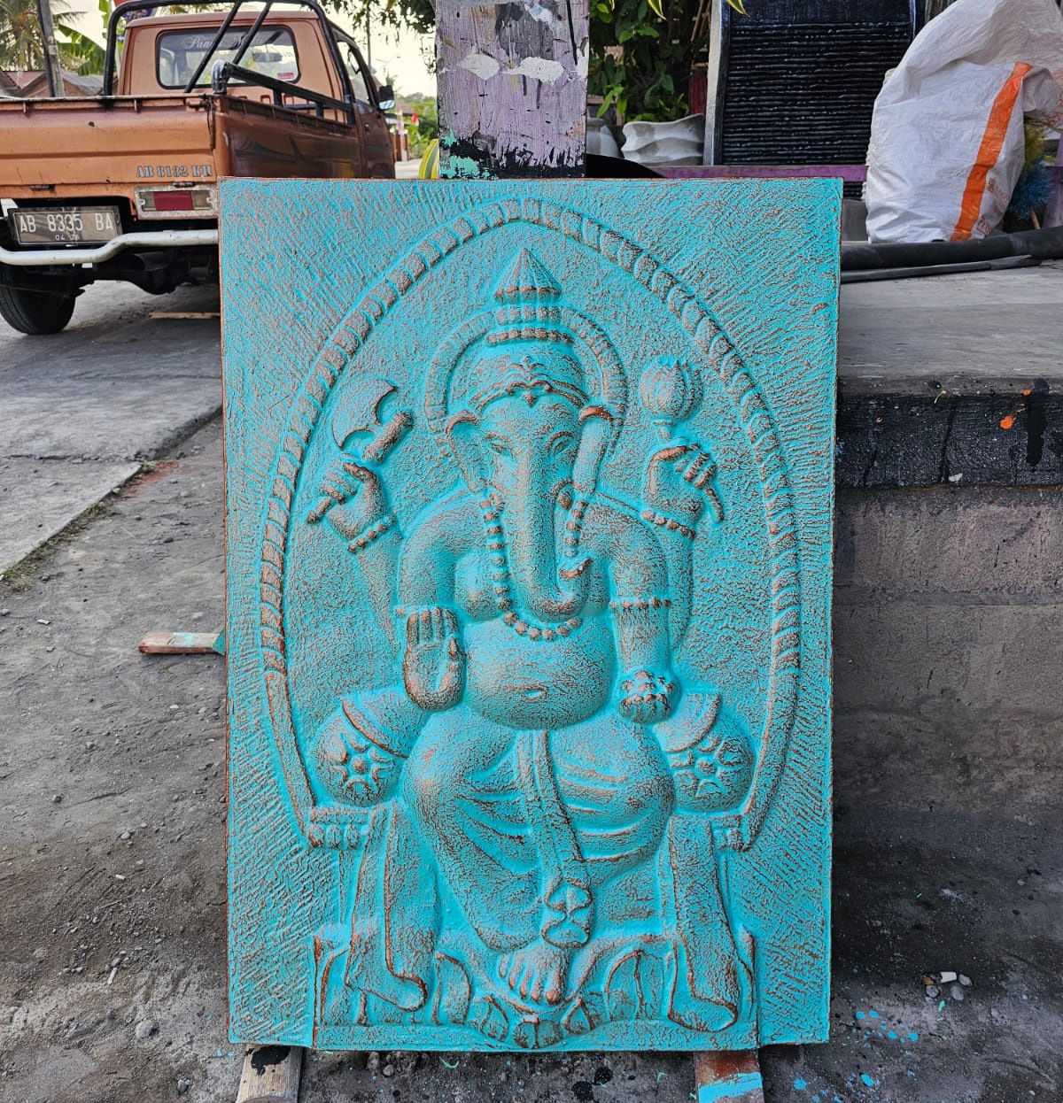 Großer Ganpati Eisenrahmen Türkis Relief - 0,7x1m