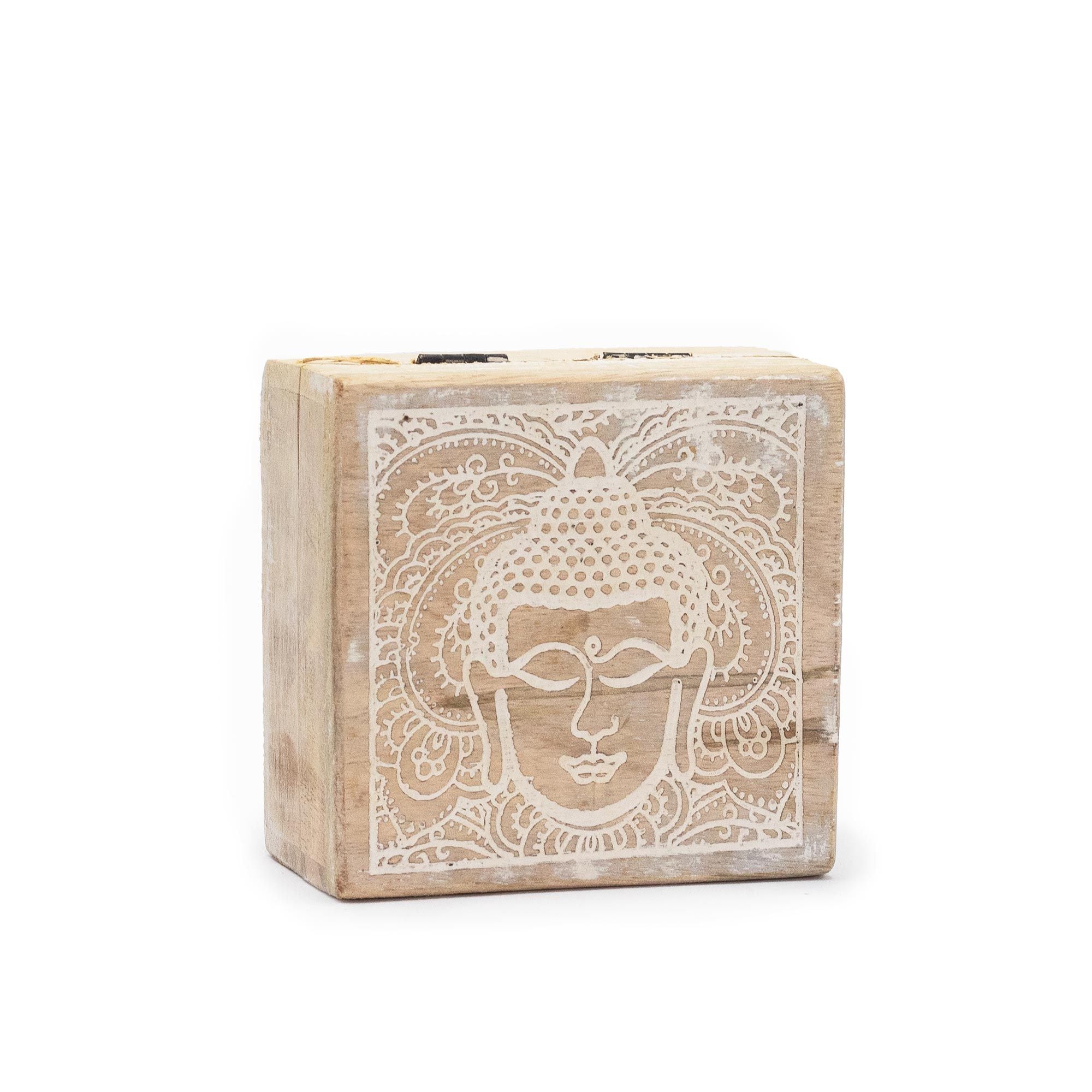 Kleine quadratische Schachtel 10x10x4.2cm - Buddha Gesicht Whitewash