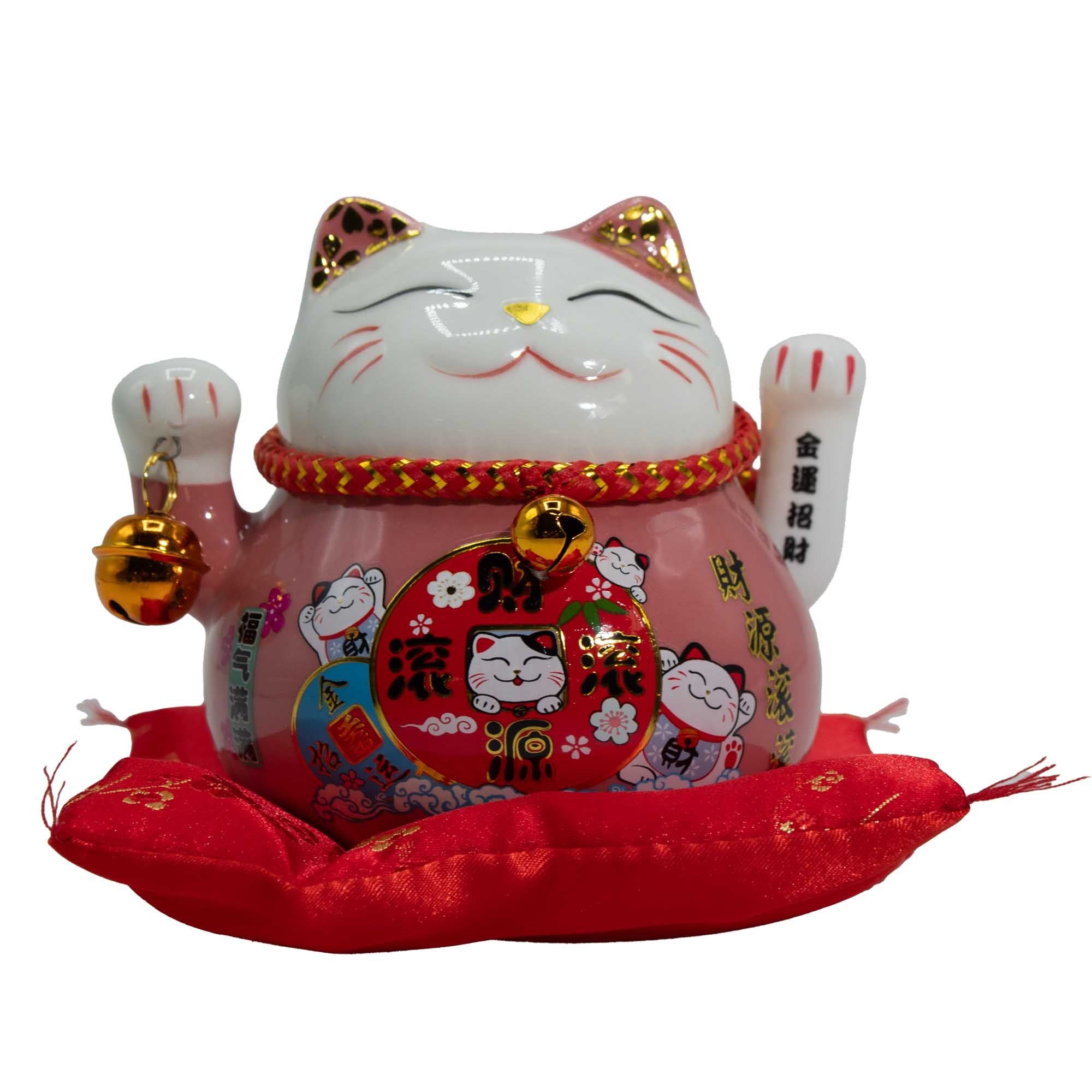 Ceramic Money Cat Moving Hand  - Pink on Cushion (battery not included)
