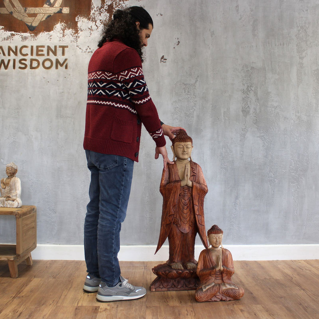 Hand Carved Buddha Statue - 100 cm Welcome - Whitewash
